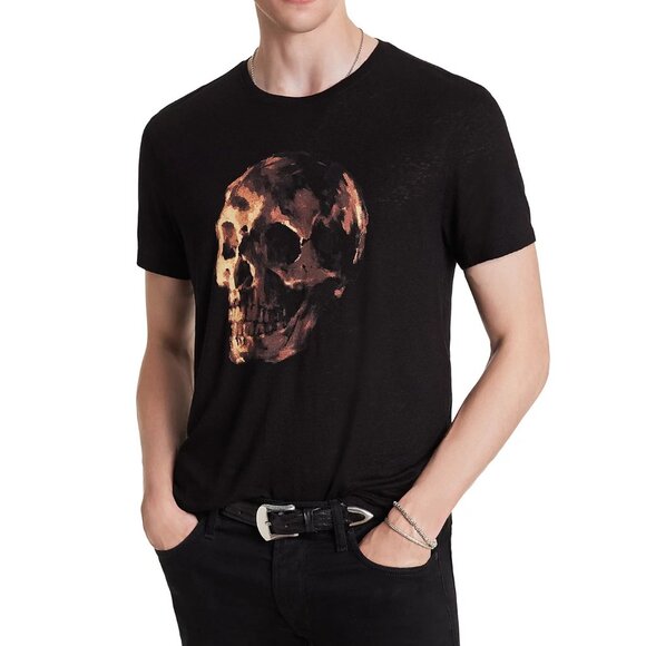 John Varvatos Men's Oil Painted Skull Art Graphic Crew T-Shirt Linen Blend Black - Picture 1 of 6